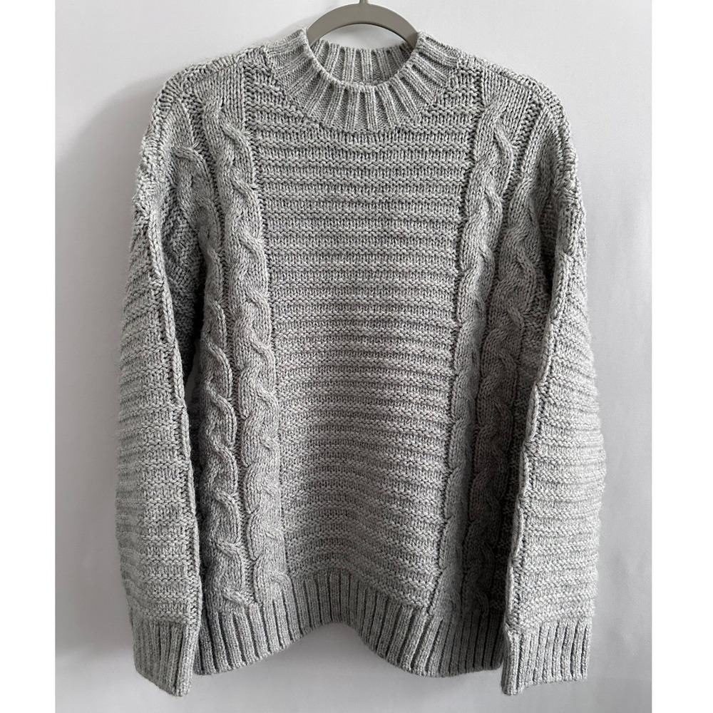 LOFT Cable Knit Sweater Women S Gray Mock Neck Coastal Preppy Fisherman Cozy